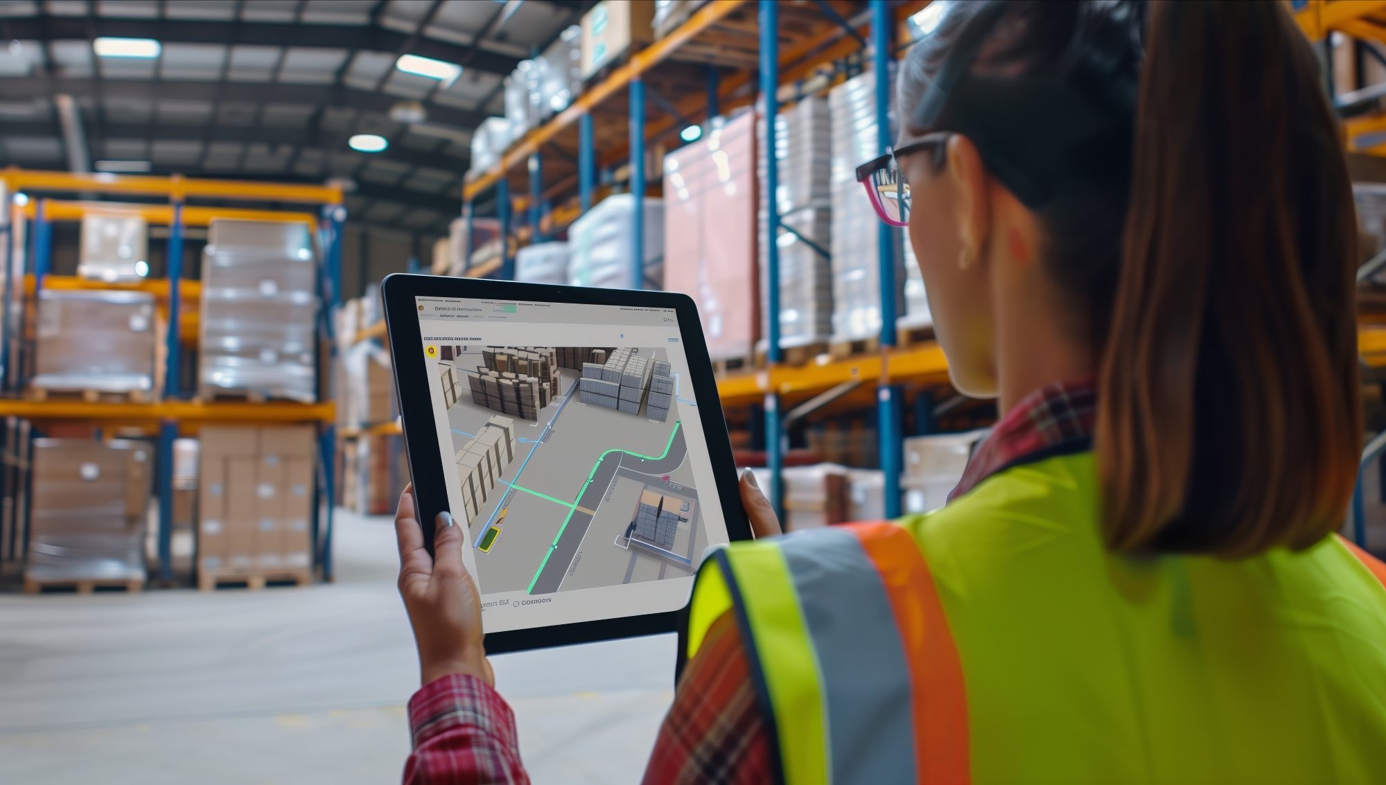 Mujer revisando de forma digital el acomodo de la mercancia en el almacen
