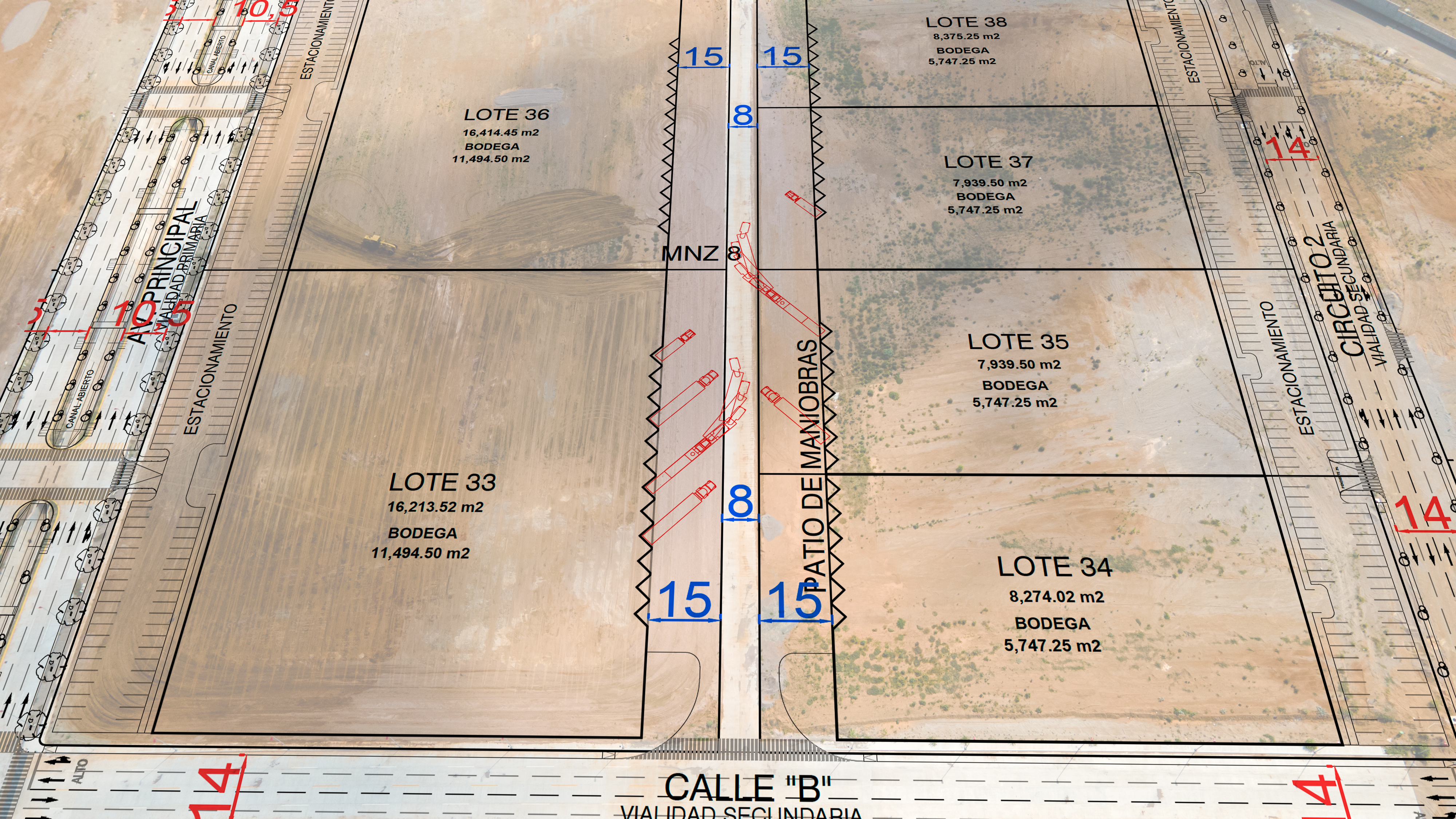Vista aérea de los lotes 33 al 38 de MLC con el trazo de giro de tráilers en el patio de maniobras de 15 metros