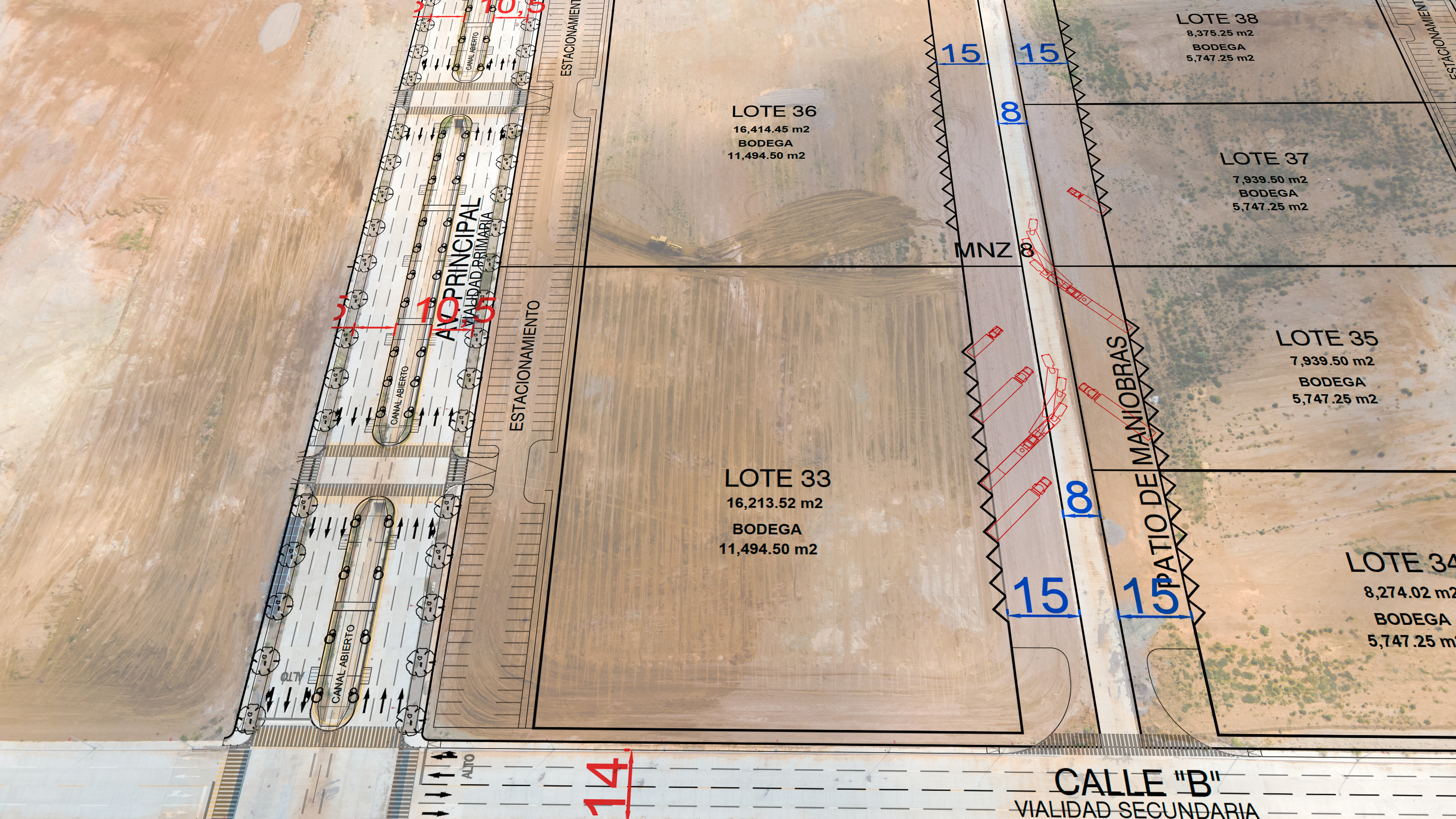 Detalle del patio de maniobras y la vialidad secundaria en la Manzana 8 de Mazatlán Logistics Center