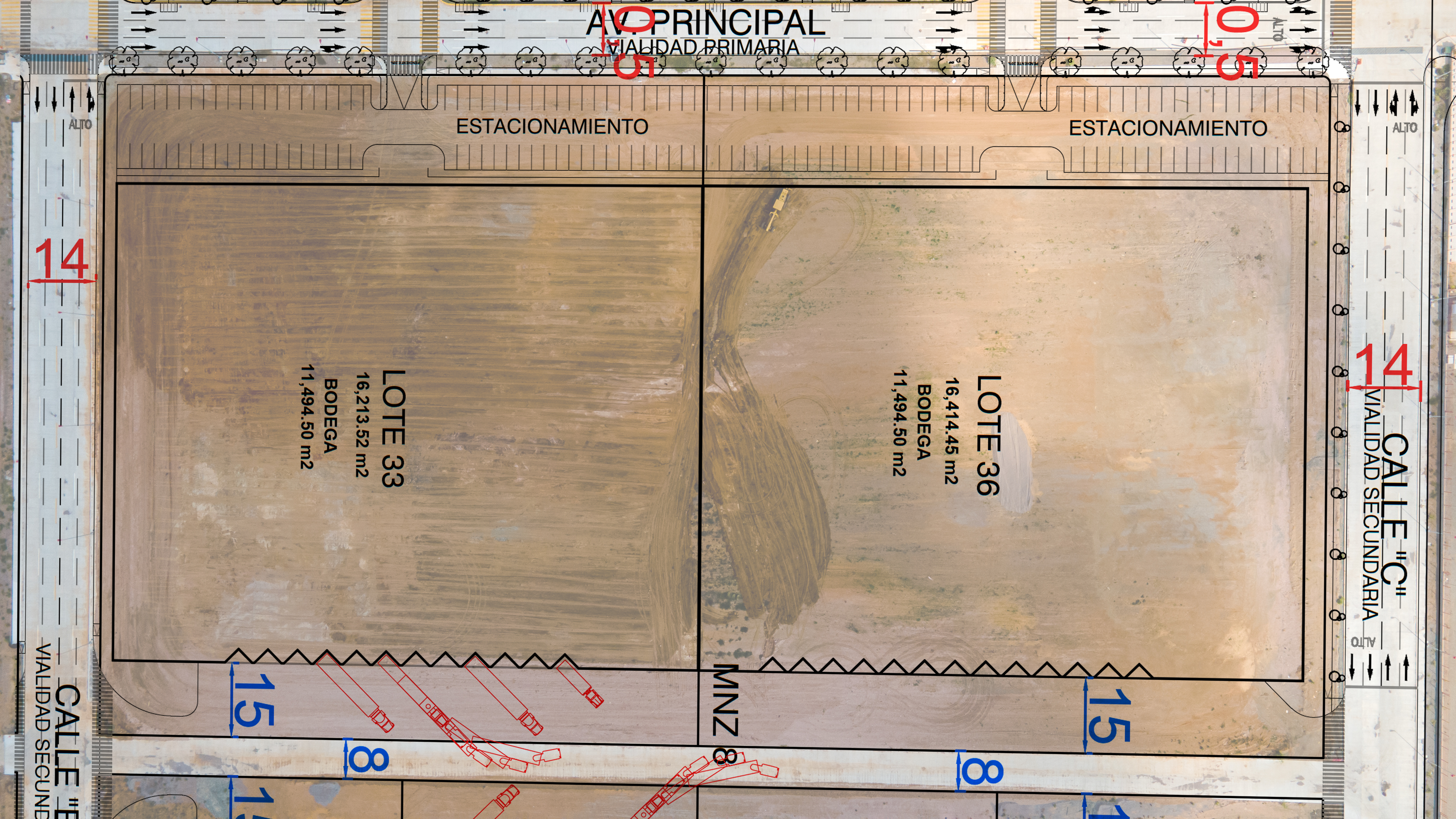 Plano de estacionamiento y vialidad principal de los lotes 33 y 36 en Mazatlán Logistics Center